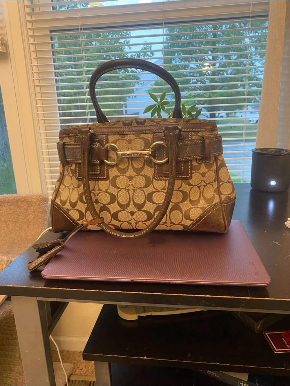 Coach Brown Signature Monogram Canvas Satchel with Leather Trim